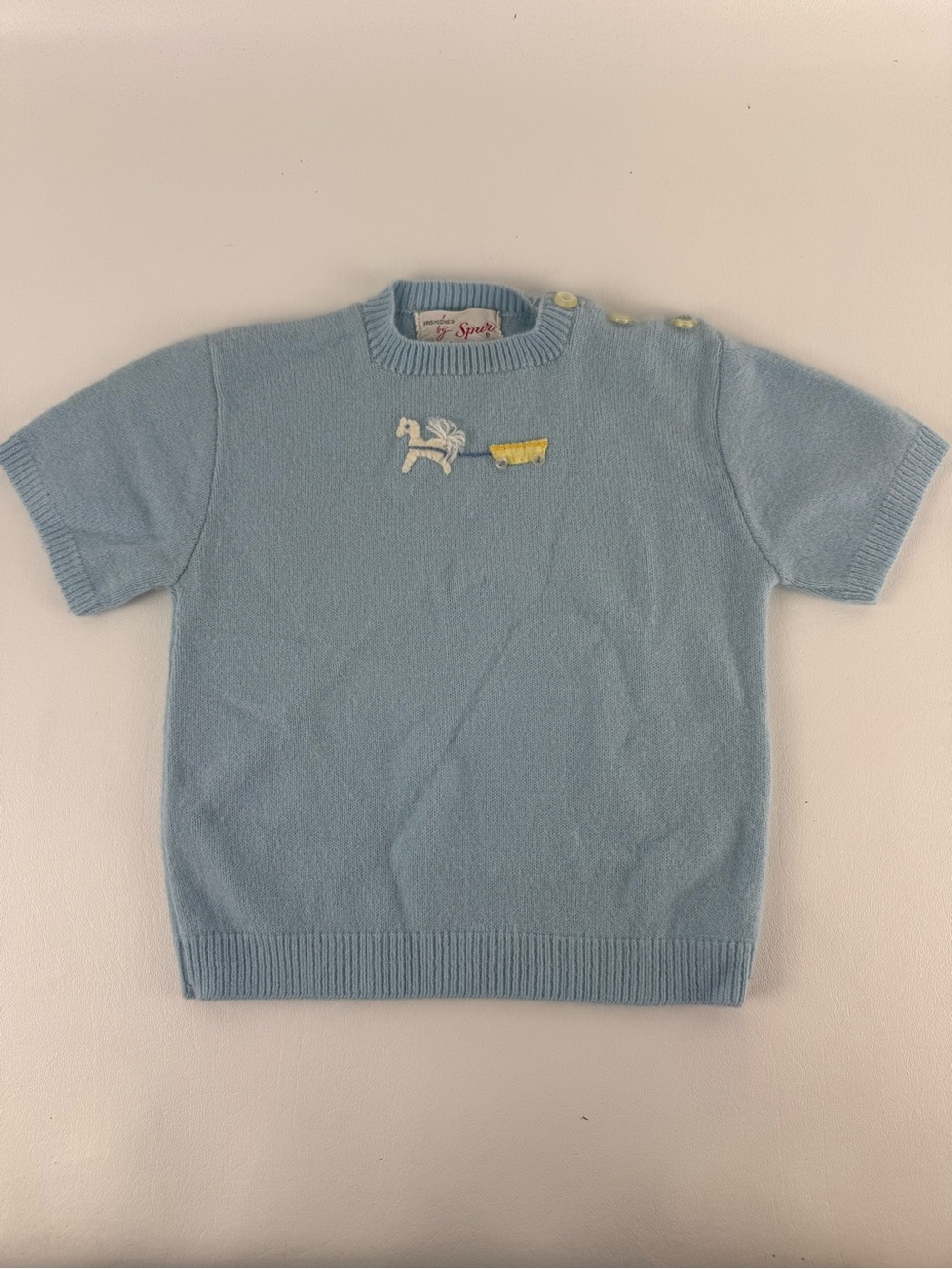 Vintage Baby Boy Sweater Light Blue Horse Carriage Knit Short Sleeve 1950s 1960s